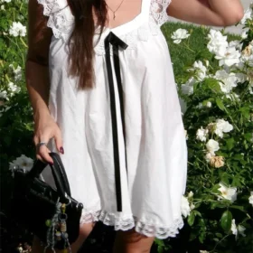 Women Mini Dress Lace Trim Fly Sleeve
